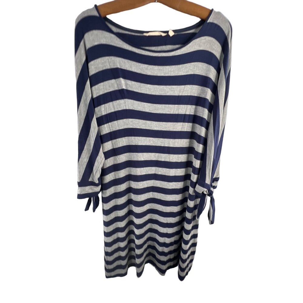 Soft Surroundings Adrift Tunic Top Size M Gray Navy Stripe Tie Sleeve Boho Casua